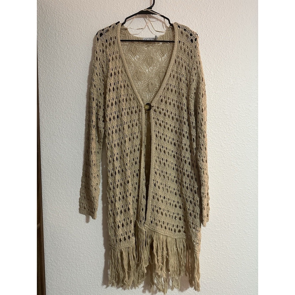 RetroThreads Crochet Cardigan Fringe Boho Open Knit Tan Size XXL Kimono Cover Up